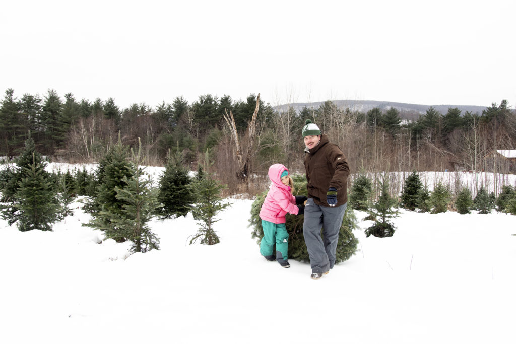Dave Barron and his daughter, Phoebe, pull a freshly-cut Christmas tree through the snow Russell Tree Farm in Starksboro.