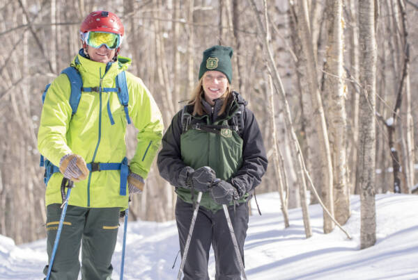 Angus McCusker and Holly Knox go back country skiing in Vermont.
