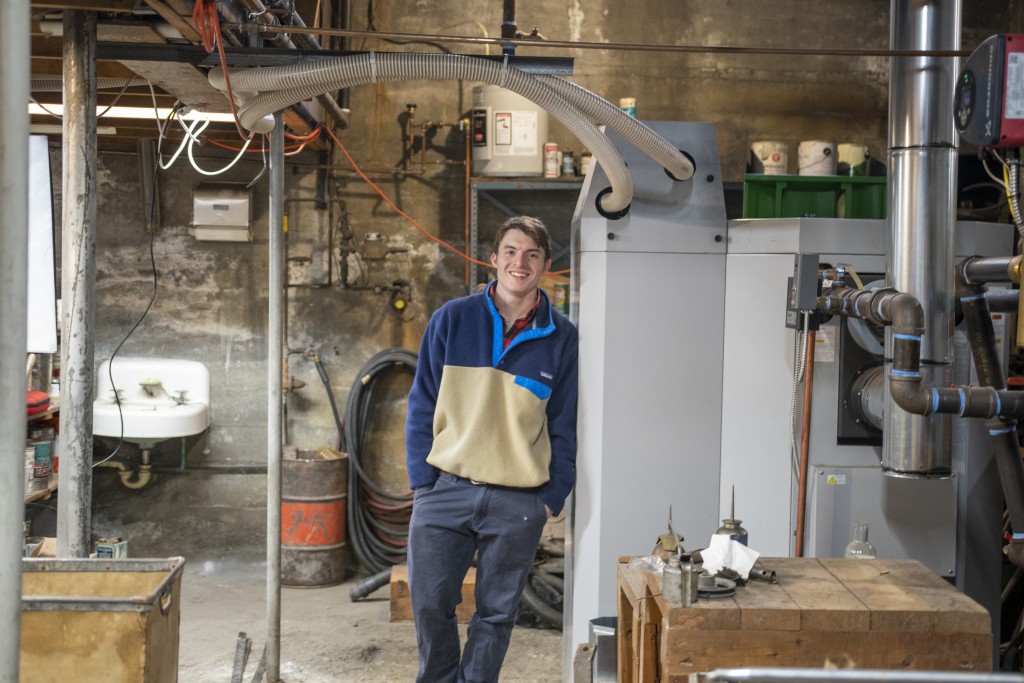 Vermont Glove Owner Sam Hooper Shows Off His Oekafin wood pellet boiler