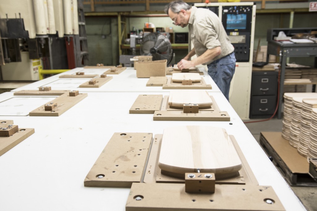 Henry Croff creating wood cutting boards at J.K. Adams in 2018. Photo by Erica Houskeeper.