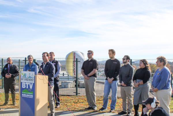 Geoff Robertson, DeltaClimeVT Managing Director at VSJF, speaks at the November 2, 2022 Press Conference at Burlington International Airport to Unveil ARC Industries' wind Turbine Pilot Project with BED.