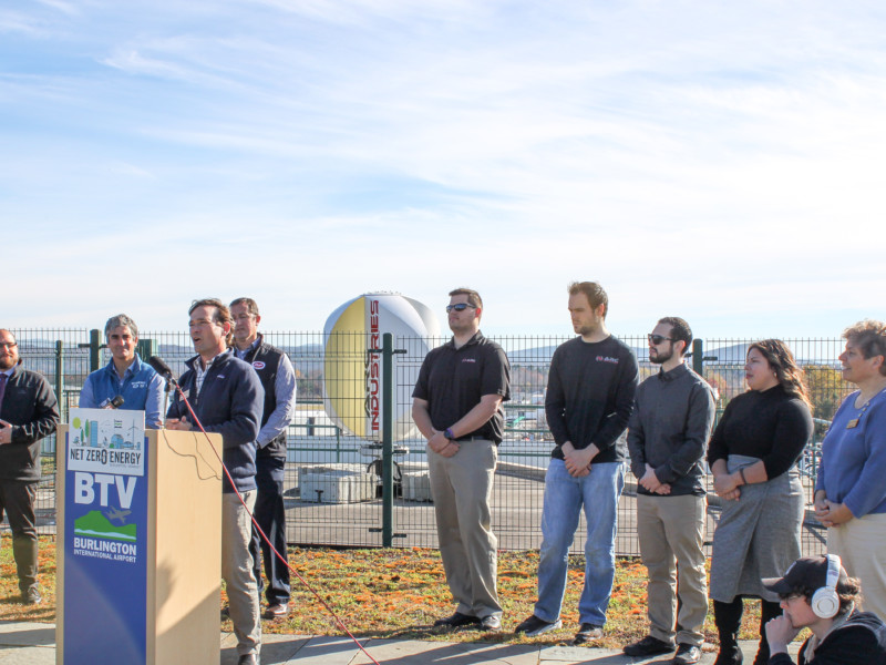 Geoff Robertson, DeltaClimeVT Managing Director at VSJF, speaks at the November 2, 2022 Press Conference at Burlington International Airport to Unveil ARC Industries' wind Turbine Pilot Project with BED.