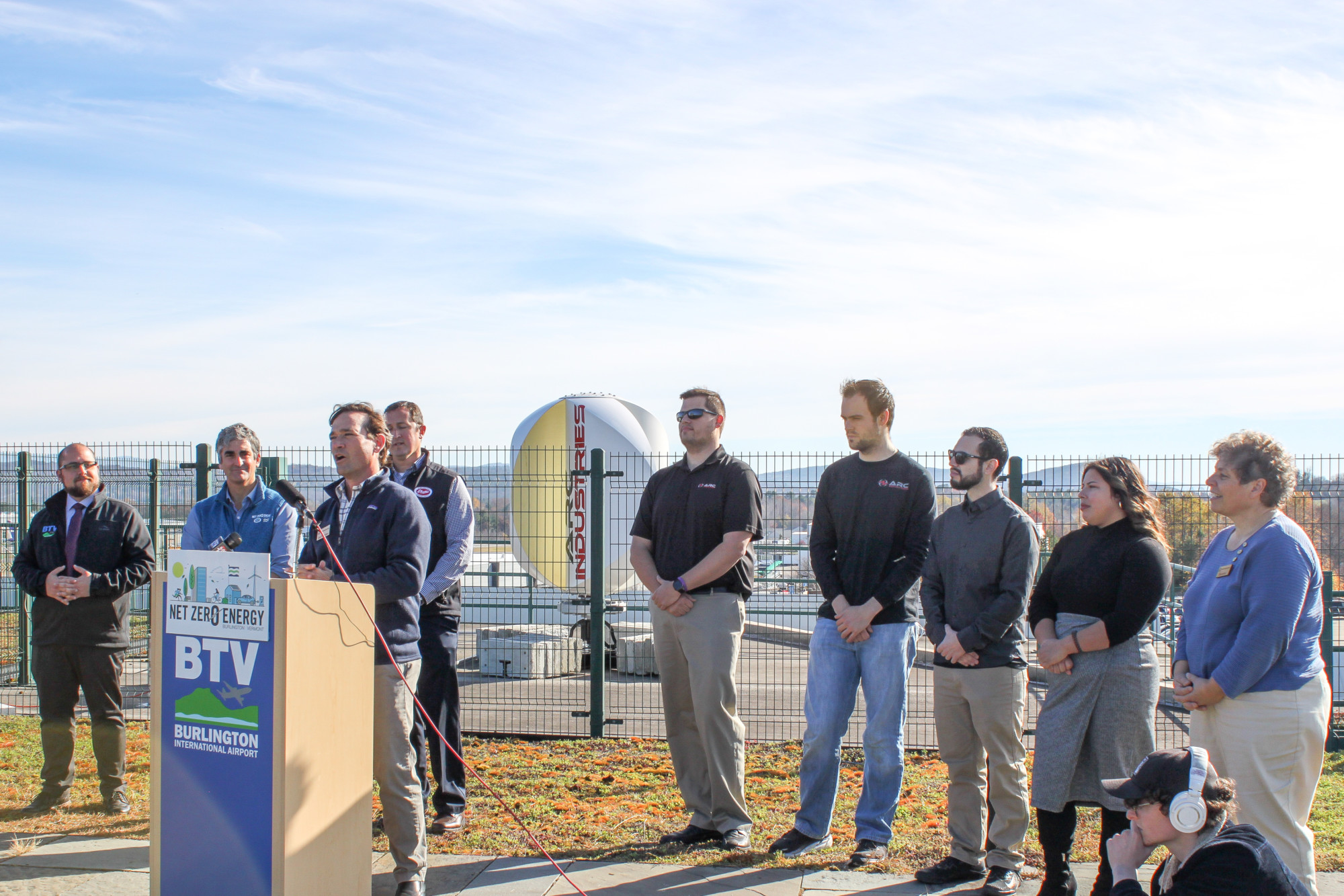 Geoff Robertson, DeltaClimeVT Managing Director at VSJF, speaks at the November 2, 2022 Press Conference at Burlington International Airport to Unveil ARC Industries' wind Turbine Pilot Project with BED.