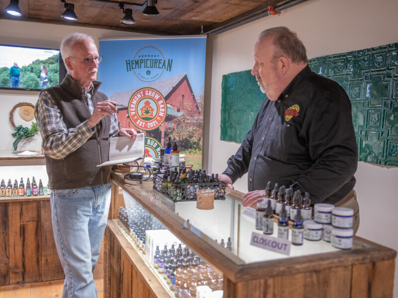 Vermont Sustainable Jobs Fund business coach Victor Morrison, left, consults Scott Sparks on a recent visit to Vermont Hempicurean in West Brattleboro. Photo by Erica Houskeeper.
