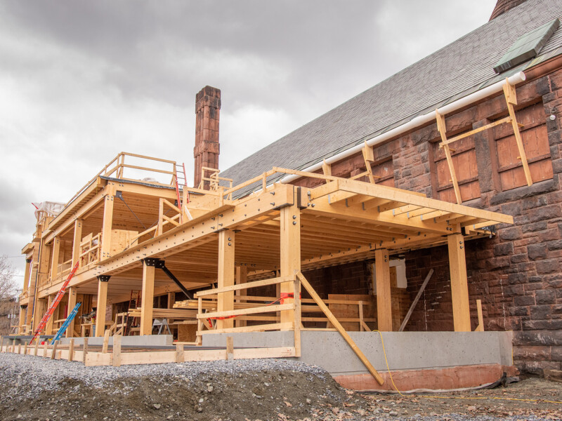 Cross-laminated timber, which is being used at Fairbanks, consists of multiple wood panels that are glued together, providing strength and stability that is comparable to concrete, steel, and heavy timber. Photo by Erica Houskeeper.