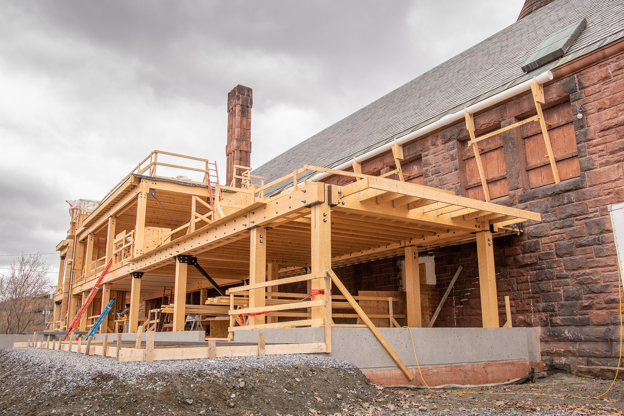 Cross-laminated timber, which is being used at Fairbanks, consists of multiple wood panels that are glued together, providing strength and stability that is comparable to concrete, steel, and heavy timber. Photo by Erica Houskeeper.