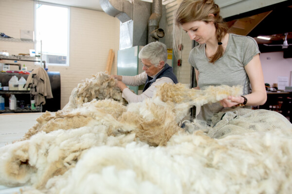 Junction Fiber Mill founders Peggy Allen and Amanda Kievet sort Vermont-grown wool as part of efforts to build a regional fiber value chain and explore sustainable alternatives to plastics. Photo 
by Erica Houskeeper. 