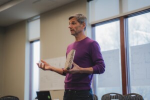 MontyChong-Walden, CEO of Calmura Natural Walls, presents his product at the 2023 Forest Accelerator in East Burke. Photo by Erica Houskeeper