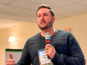 Jesse Cook, CEO, PK Wood Pellet presents at the 2025 Forest Business Accelerator final sprint. Photo by Kelly Nottermann.
