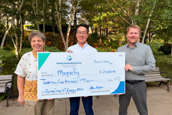 VSJF Executive Director Ellen Kahler (left) and DeltaClimeVT Program Manager Kurt Ericksen (right) present the $25,000 award to Joseph Kao, CEO of Magnefy at the DeltaClimeVT Energy 2026 Celebration. Photo by Kelly Nottermann.
